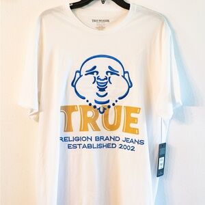 True Religion White Tee with Blue and Gold Graphic